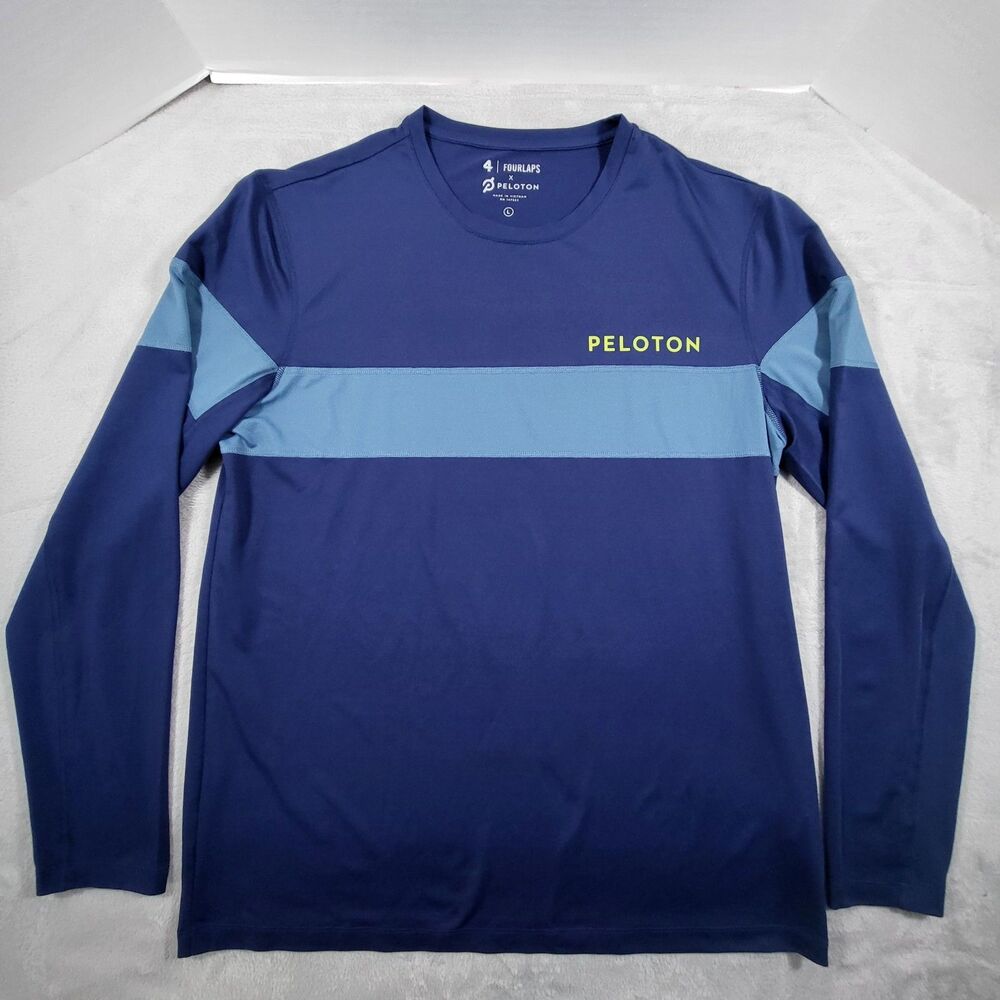 Fourlaps Peloton Shirt Mens Large Blue Performance Long Sleeve Workout Gym